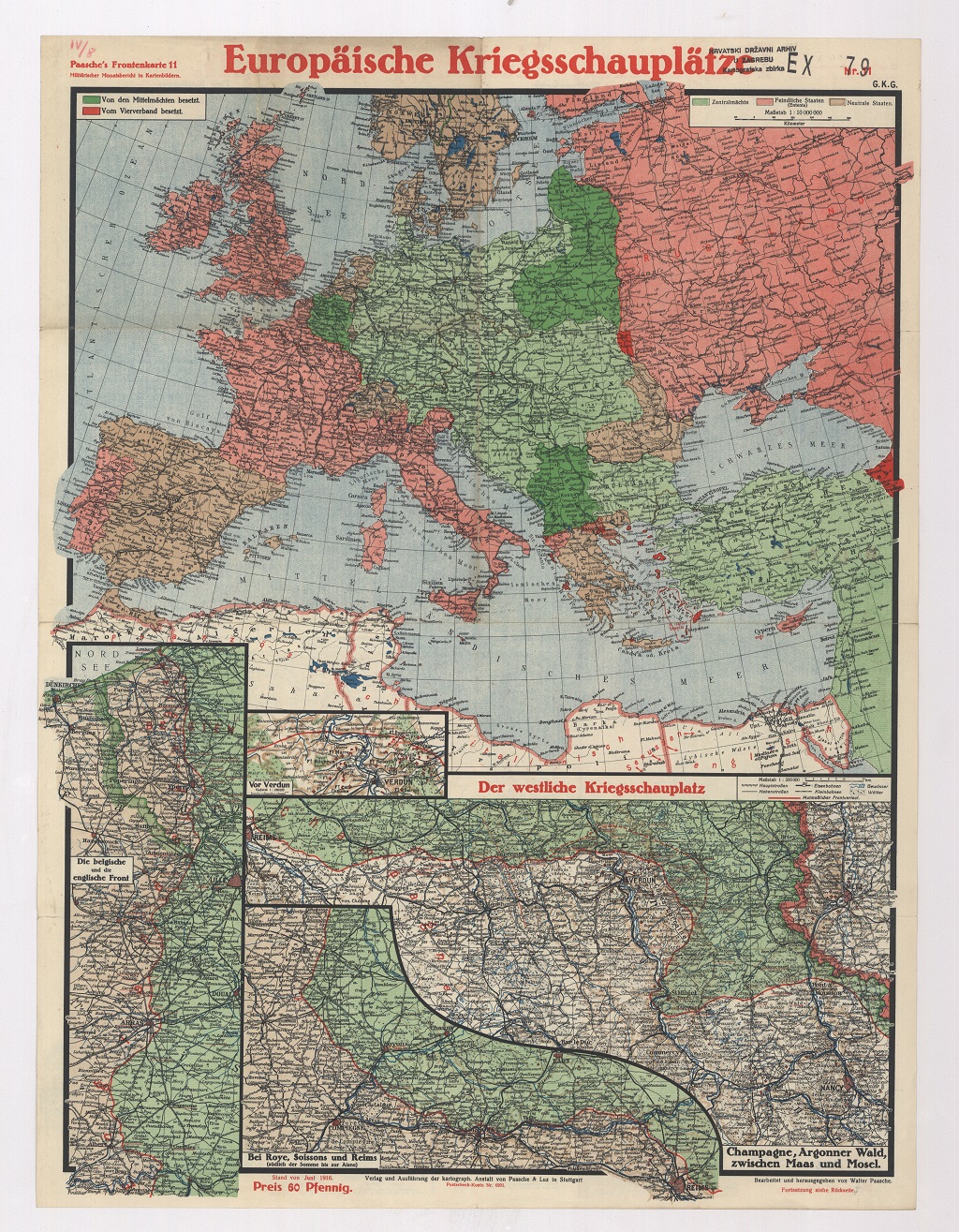 Karta europskih ratišta u lipnju 1916. (HR-HDA-902. Kartografska zbirka, E X. 79)