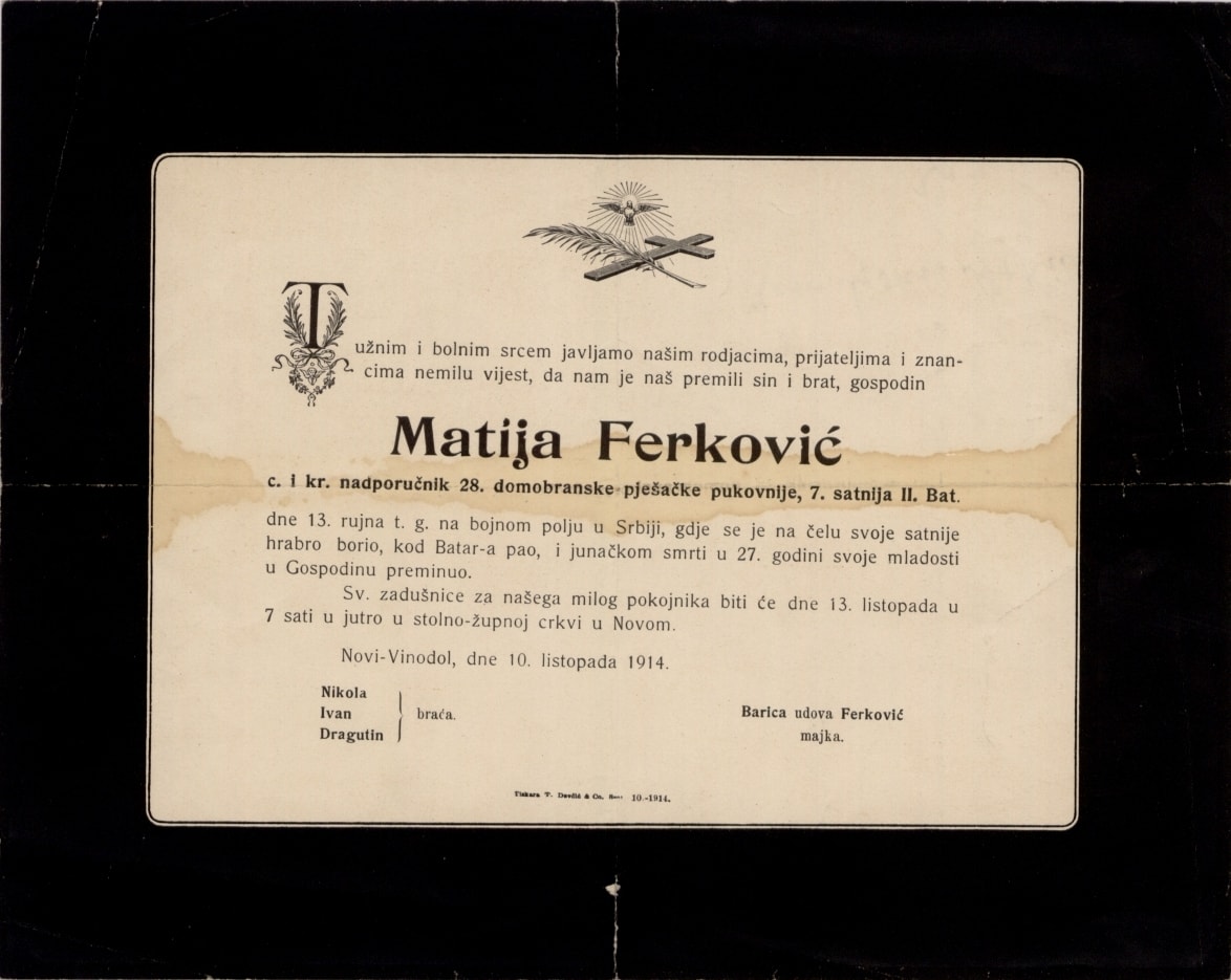 Osmrtnica Matije Ferkovića, natporučnika 28. domobranske pješačke pukovnije (HR-HDA-909. Zbirka osmrtnica )