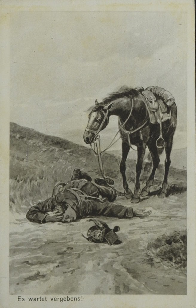 Razglednica s motivom poginulog vojnika i njegovog konja (HR-HDA-477. Razni ratno-povijesni spisi)