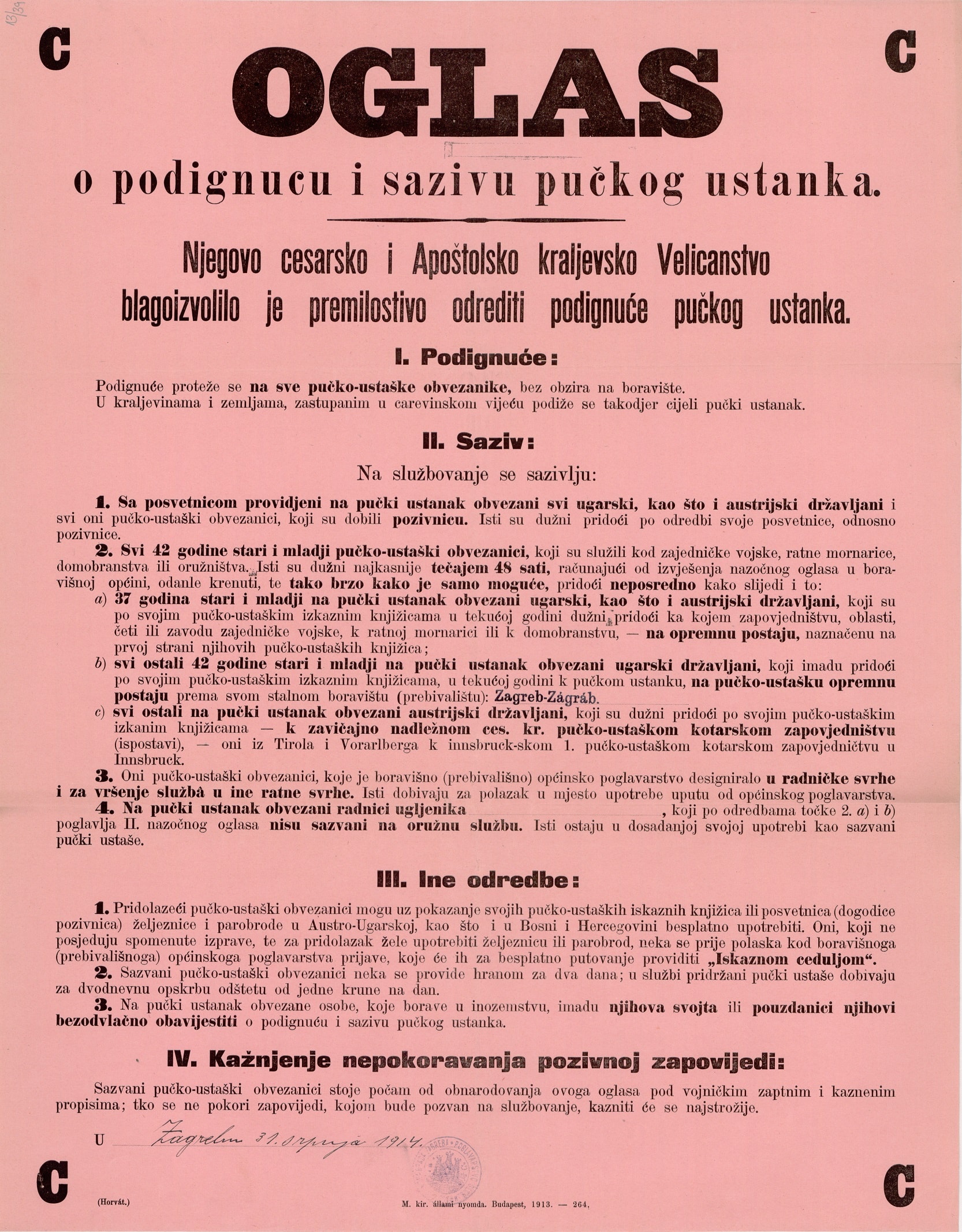 Oglas o podignuću i sazivu pučkog ustanka (HR-HDA-907. Zbirka stampata, br. 1/41)